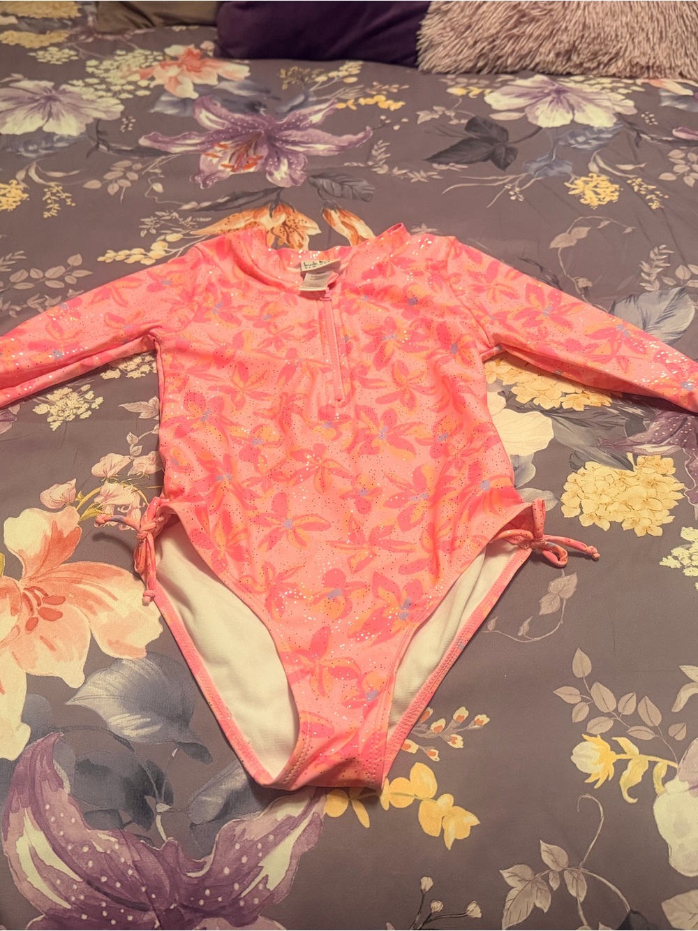 Nicole Miller Kids Long Sleeve One-Piece Swimsuit in Neon Pink Floral